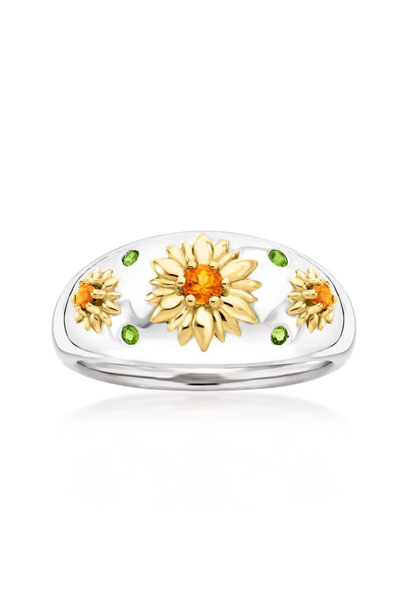 0.20 ct. t.w. Chrome Diopside and .10 ct. t.w. Citrine Flower Ring in Sterling Silver With 18kt Gold Over Sterling, Women's, Adult