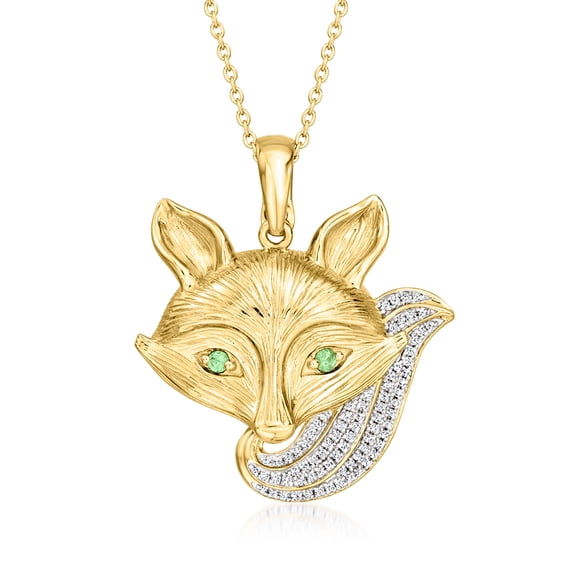 Ross-Simons 0.20 ct. t.w. Diamond Fox Pendant Necklace With Tsavorites in 18kt Gold Over Sterling, Women's, Adult