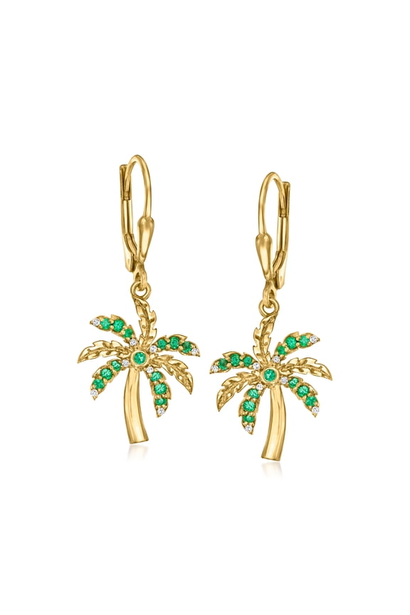 0.20 ct. t.w. Emerald Palm Tree Drop Earrings With Diamonds in 18kt Gold Over Sterling, Women's, Adult