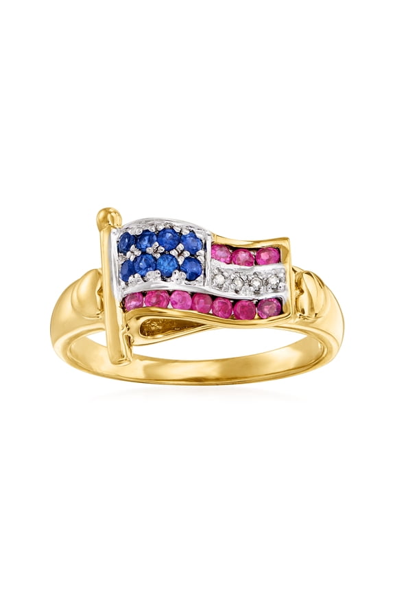 0.20 ct. t.w. Ruby and .10 ct. t.w. Sapphire Flag Ring With Diamond Accents in 18kt Gold Over Sterling, Women's, Adult