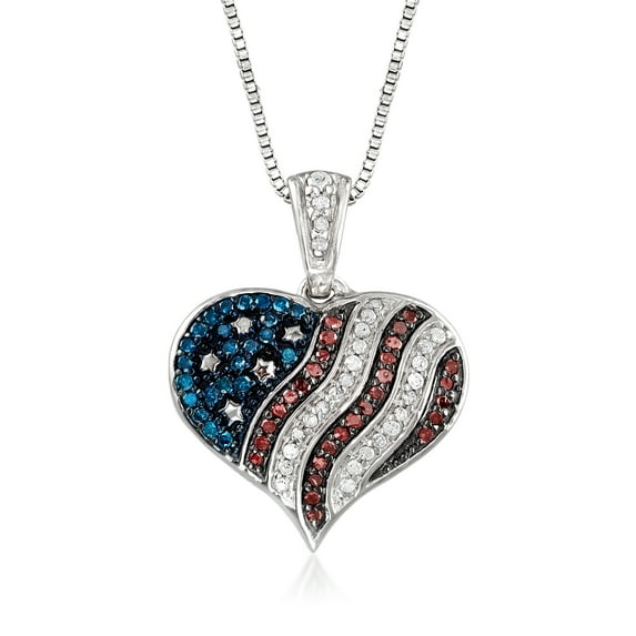 Ross-Simons 0.23 ct. t.w. Multicolored Diamond American Flag Heart Pendant Necklace in Sterling Silver, Women's, Adult
