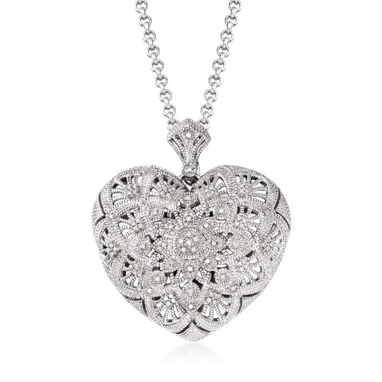 Ross-Simons 0.25 ct. t.w. Diamond Filigree Heart Pendant Necklace in  Sterling Silver for Female, Adult