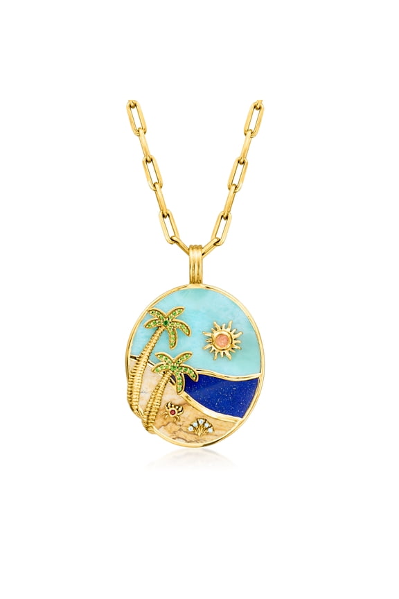 0.26 ct. t.w. Multi-Gemstone Beach Pendant Paper Clip Link Necklace in 18kt Gold Over Sterling, Women's, Adult