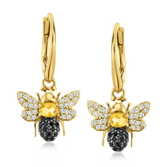 Ross-Simons 0.30 ct. t.w. Citrine and .30 ct. t.w. White Topaz Bumblebee Drop Earrings With .20 ct. t.w. Black Spinels in 18kt Gold Over Sterling, Women's, Adult