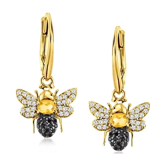 Ross-Simons 0.30 ct. t.w. Citrine and .30 ct. t.w. White Topaz Bumblebee Drop Earrings With .20 ct. t.w. Black Spinels in 18kt Gold Over Sterling, Women's, Adult