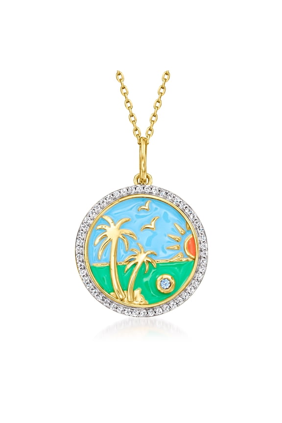 0.30 ct. t.w. White Topaz Beach Pendant Necklace With Multicolored Enamel and Swiss Blue Topaz in 18kt Gold Over Sterling, Women's, Adult