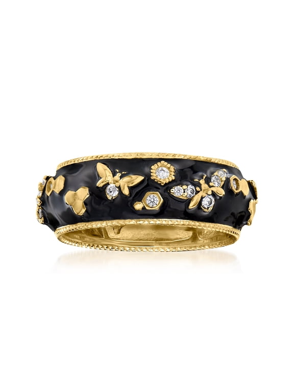 0.30 ct. t.w. White Topaz and Black Enamel Bumblebee Ring in 18kt Gold Over Sterling, Women's, Adult