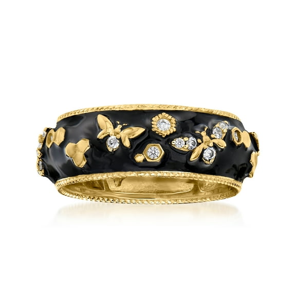 Ross-Simons 0.30 ct. t.w. White Topaz and Black Enamel Bumblebee Ring in 18kt Gold Over Sterling, Women's, Adult