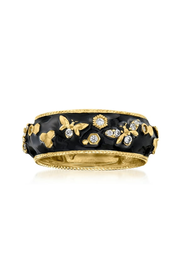 0.30 ct. t.w. White Topaz and Black Enamel Bumblebee Ring in 18kt Gold Over Sterling, Women's, Adult