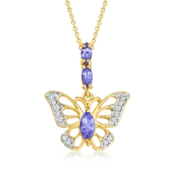 Ross-Simons 0.50 ct. t.w. Tanzanite and .10 ct. t.w. White Topaz Butterfly Pendant Necklace in 18kt Gold Over Sterling, Women's, Adult