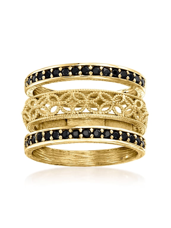 0.60 ct. t.w. Black Spinel and Scrollwork Jewelry Set: 3 Rings in 18kt Gold Over Sterling, Women's, Adult