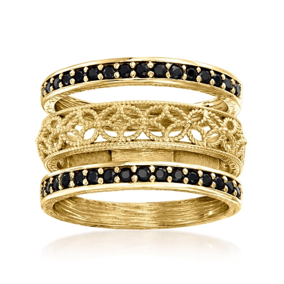 Ross-Simons 0.60 ct. t.w. Black Spinel and Scrollwork Jewelry Set: 3 Rings in 18kt Gold Over Sterling, Women's, Adult