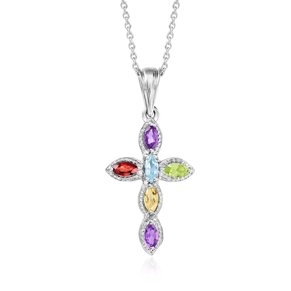 Ross-Simons 0.60 ct. t.w. Multi-Gemstone Cross Pendant Necklace in Sterling Silver, Women's, Adult
