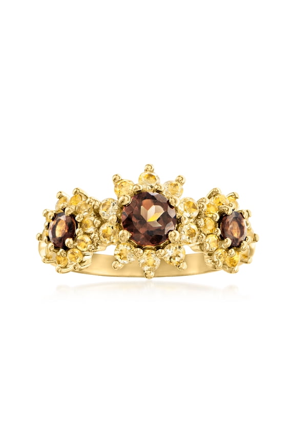 0.70 ct. t.w. Yellow Citrine and .50 ct. t.w. Smoky Quartz Sunflower Ring in 18kt Gold Over Sterling, Women's, Adult