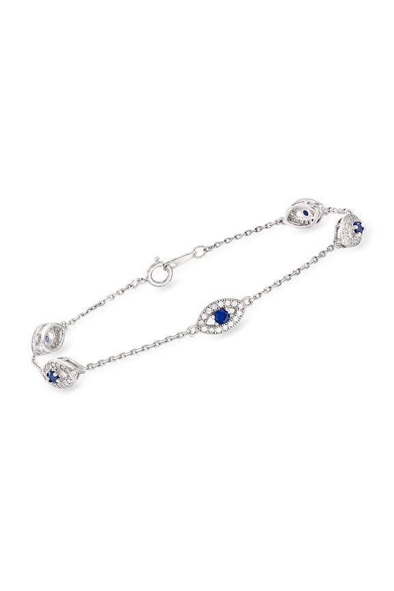 0.75 ct. t.w. CZ and .40 ct. t.w. Simulated Sapphire Evil Eye Station Bracelet in Sterling Silver, Women's, Adult