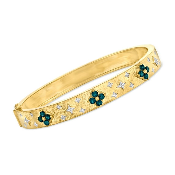 Ross-Simons 0.80 ct. t.w. London Blue Topaz Floral Bangle Bracelet With .10 ct. t.w. Diamonds in 18kt Gold Over Sterling, Women's, Adult