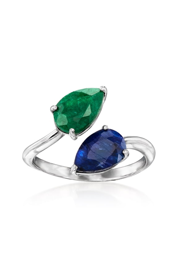0.90 Carat Sapphire and .70 Carat Emerald Toi Et Moi Ring in Sterling Silver, Women's, Adult