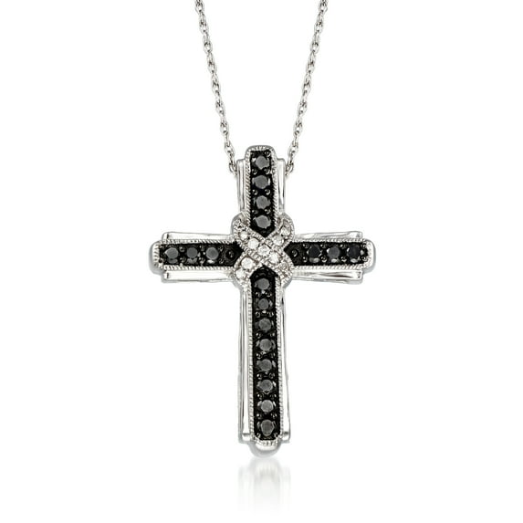 Ross-Simons 1.00 ct. t.w. Black and White Diamond Cross Pendant Necklace in Sterling Silver, Women's, Adult