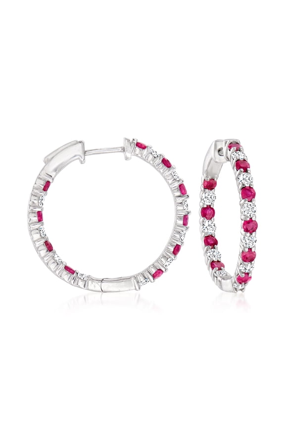 1.00 ct. t.w. Ruby and 1.00 ct. t.w. Diamond Inside-Outside Hoop Earrings in Sterling Silver, Women's, Adult