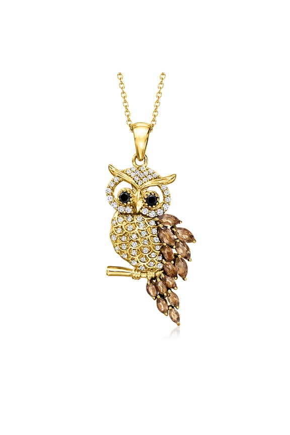 1.00 ct. t.w. Smoky Quartz, .50 ct. t.w. White Zircon and .10 ct. t.w. Black Spinel Owl Pendant Necklace in 18kt Gold Over Sterling, Women's, Adult