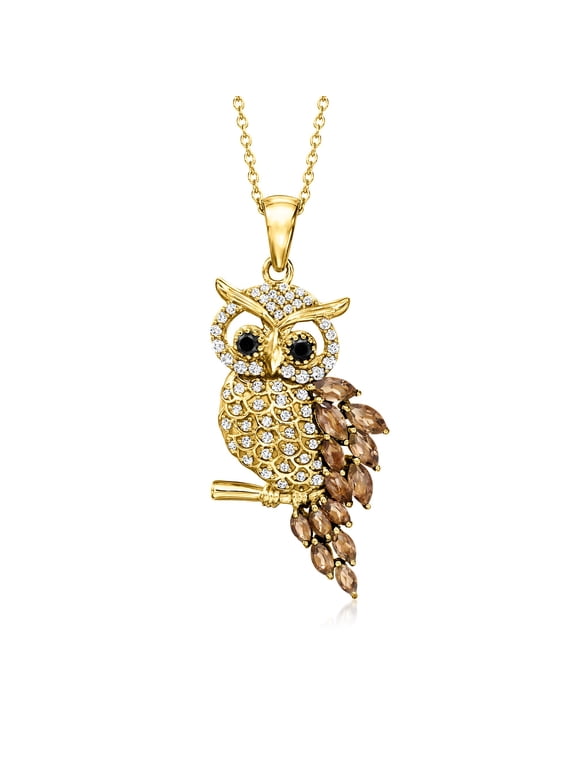 1.00 ct. t.w. Smoky Quartz, .50 ct. t.w. White Zircon and .10 ct. t.w. Black Spinel Owl Pendant Necklace in 18kt Gold Over Sterling, Women's, Adult