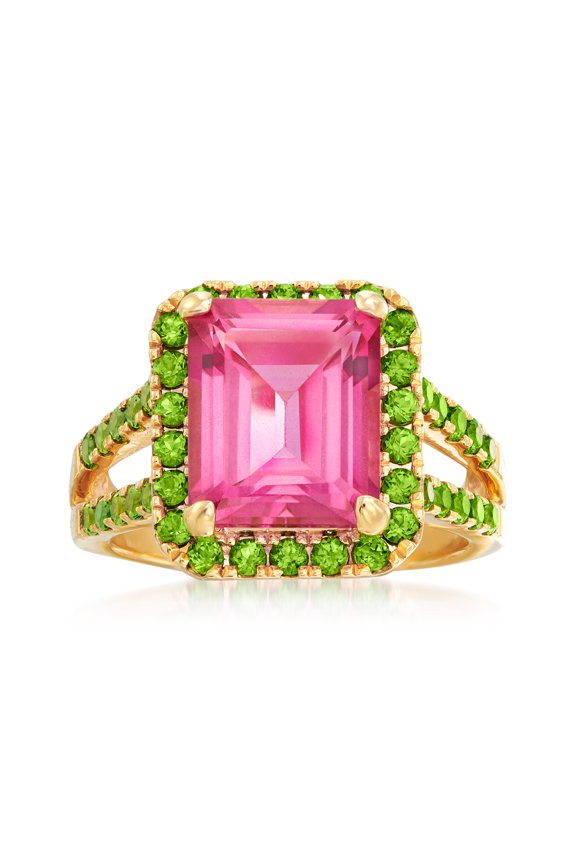 1.10 Carat Pink Topaz and 1.00 ct. t.w. Green Chrome Diopside Ring in 18kt Gold Over Sterling, Women's, Adult