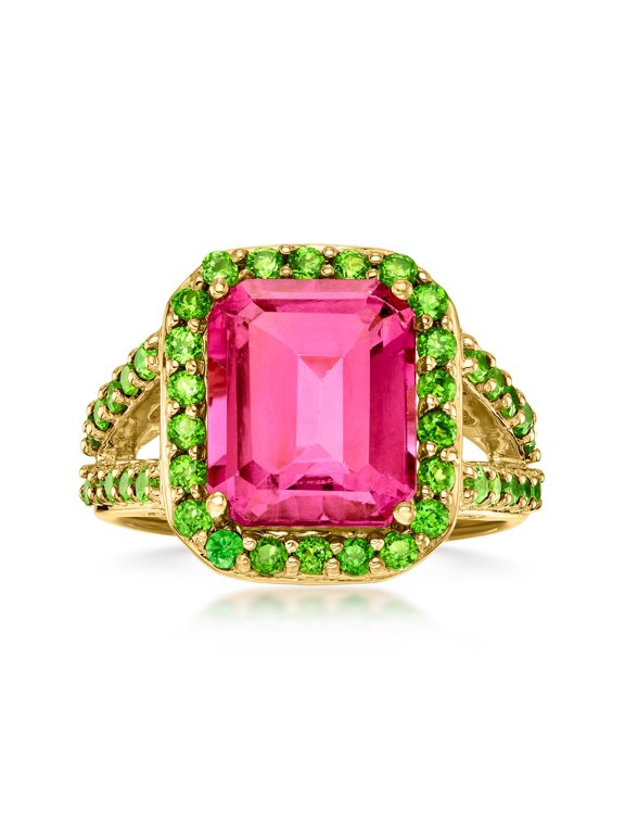 1.10 Carat Pink Topaz and 1.00 ct. t.w. Green Chrome Diopside Ring in 18kt Gold Over Sterling, Women's, Adult