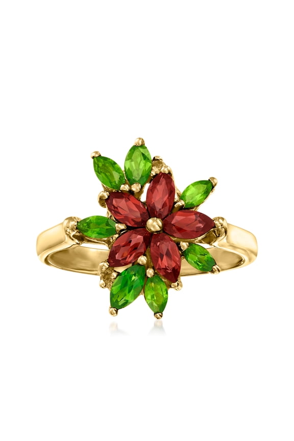 1.20 ct. t.w. Garnet Flower Ring With .90 ct. t.w. Chrome Diopsides and Citrine Accents in 18kt Gold Over Sterling, Women's, Adult