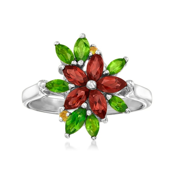 Ross-Simons 1.20 ct. t.w. Garnet Flower Ring With .90 ct. t.w. Chrome Diopsides and Citrine Accents in Sterling Silver, Women's, Adult