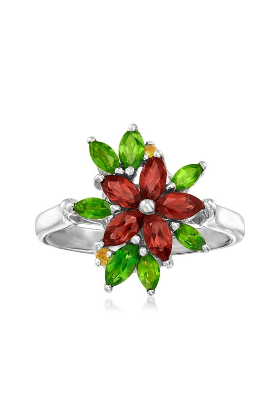 1.20 ct. t.w. Garnet Flower Ring With .90 ct. t.w. Chrome Diopsides and Citrine Accents in Sterling Silver, Women's, Adult