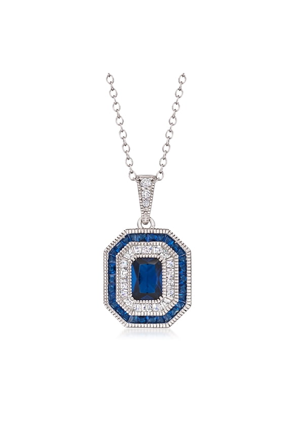 1.40 Carat Simulated Sapphire Pendant Necklace With .32 ct. t.w. Czs in Sterling Silver, Women's, Adult