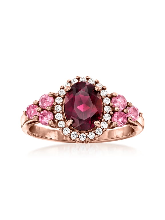 1.30 Carat Rhodolite Garnet and .10 ct. t.w. Pink Tourmaline Ring With .20 ct. t.w. White Zircon in 18kt Rose Gold Over Sterling, Women's, Adult