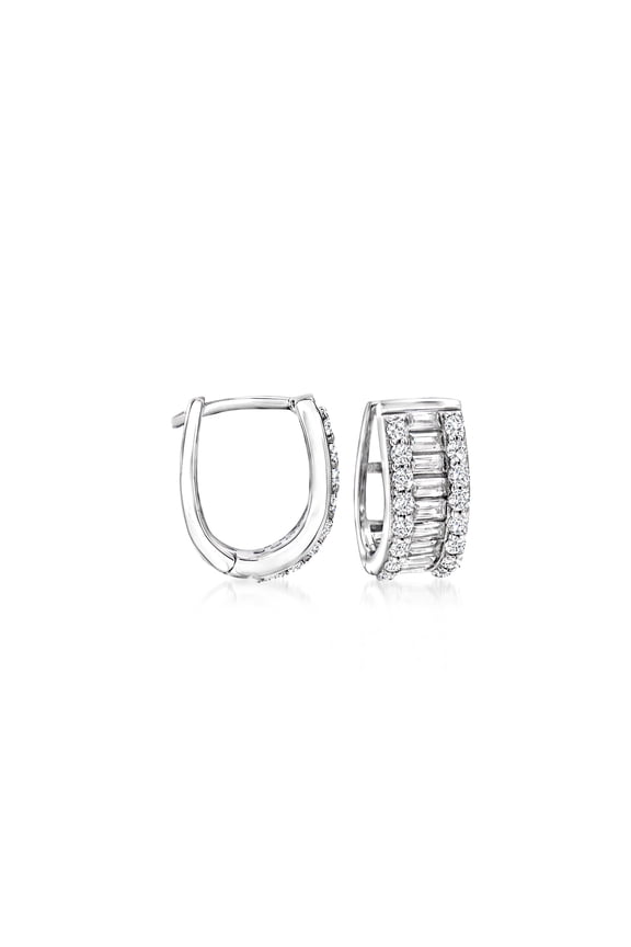 1.40 ct. t.w. Baguette and Round CZ Huggie Hoop Earrings in Sterling Silver, Women's, Adult