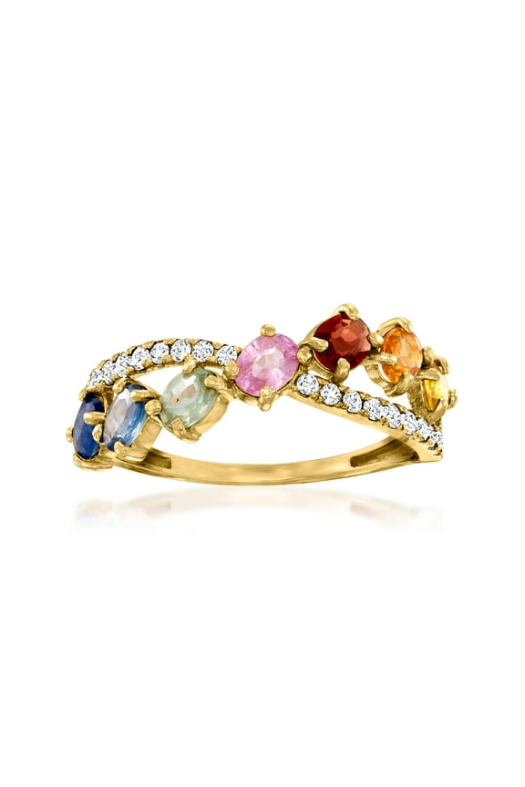 1.40 ct. t.w. Multicolored Sapphire and .19 ct. t.w. Diamond Crisscross Ring in 14kt Yellow Gold, Women's, Adult
