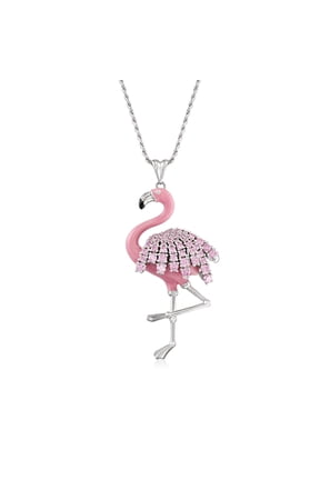 1.41 ct. t.w. Pink CZ Flamingo Pendant Necklace With Pink Enamel in Sterling Silver, Women's, Adult