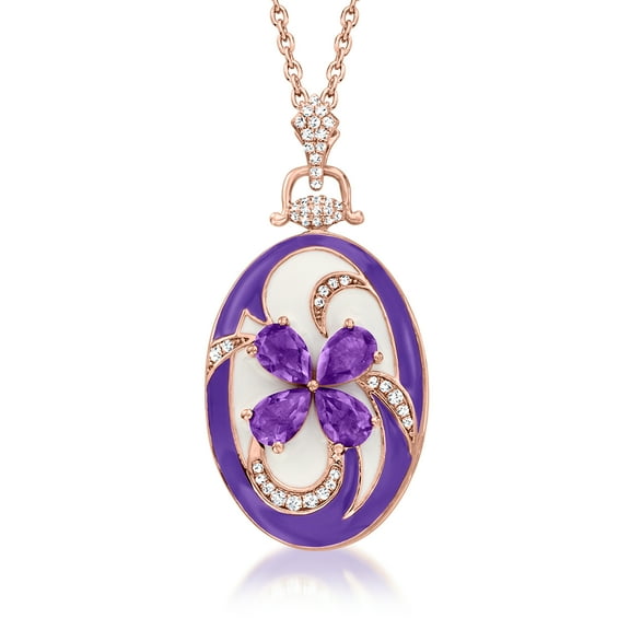 Ross-Simons 1.50 ct. t.w. Amethyst and .30 ct. t.w. White Zircon Flower Locket Necklace With Multicolored Enamel in 18kt Rose Gold Over Sterling, Women's, Adult