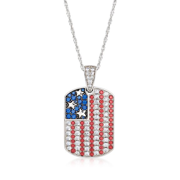 Ross-Simons 1.50 ct. t.w. Cz, 1.30 ct. t.w. Simulated Ruby and .30 ct. t.w. Simulated Sapphire American Flag Tag Adjustable Pendant Necklace in Sterling Silver, Women's, Adult