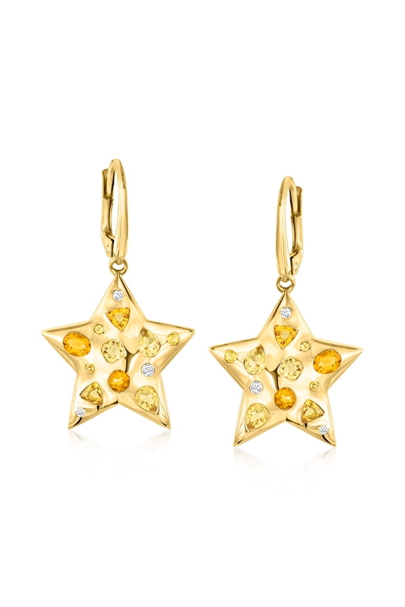 1.55 ct. t.w. Orange and Yellow Citrine Star Drop Earrings With .11 ct. t.w. Lab-Grown Diamonds in 18kt Gold Over Sterling, Women's, Adult