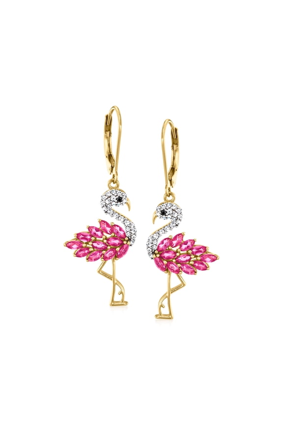 1.60 ct. t.w. Pink Topaz and .40 ct. t.w. White Zircon Flamingo Drop Earrings With Black Spinel Accents in 18kt Gold Over Sterling, Women's, Adult