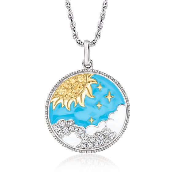 Ross-Simons 1.60 ct. t.w. White Topaz and .20 ct. t.w. Citrine Sun and Starry Sky Pendant Necklace With Multicolored Enamel in 2-Tone Sterling Silver, Women's, Adult