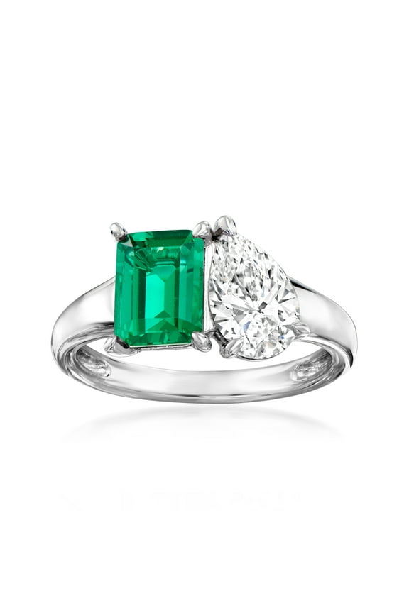 1.70 Carat Simulated Emerald and 1.00 Carat CZ Toi Et Moi Ring in Sterling Silver, Women's, Adult