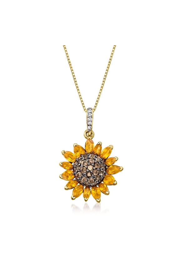 1.70 ct. t.w. Citrine, .80 ct. t.w. Smoky Quartz and .10 ct. t.w. White Topaz Sunflower Pendant Necklace in 18kt Gold Over Sterling, Women's, Adult