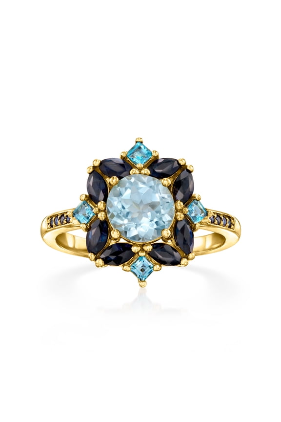 1.80 Carat Sky Blue Topaz, 2.40 ct. t.w. Sapphire and .80 ct. t.w. London Blue Topaz Ring in 18kt Gold Over Sterling, Women's, Adult
