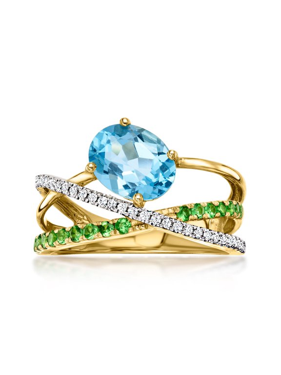 1.80 Carat Swiss Blue Topaz Highway Ring With .30 ct. t.w. Tsavorites and .13 ct. t.w. Diamonds in 14kt Yellow Gold, Women's, Adult