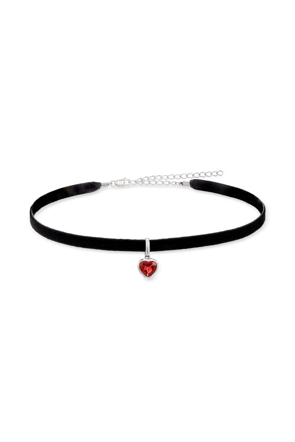 1.90 Carat Garnet Heart Pendant Choker Necklace With Black Velvet Cord and Sterling Silver, Women's, Adult