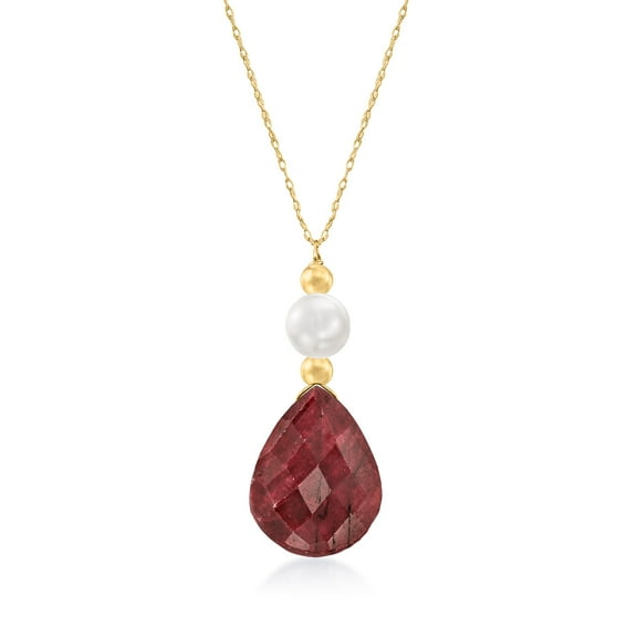 Ross-Simons 10.00 Carat Ruby and Cultured Pearl Drop Necklace in 14kt Yellow Gold, Women's, Adult