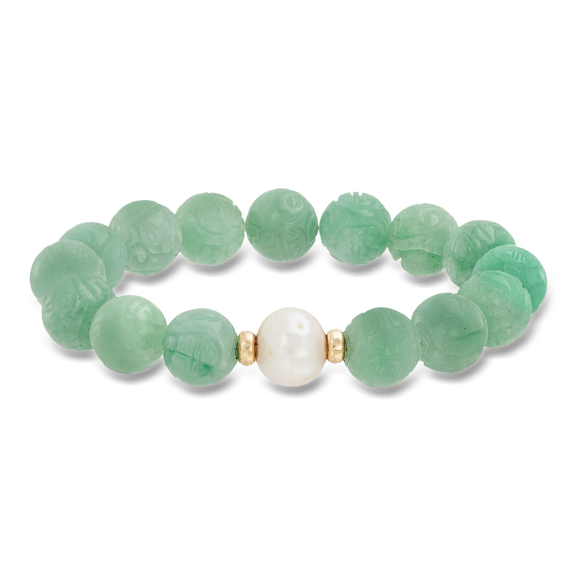 Ross-Simons 11-12mm Cultured Pearl and Carved Jade Chinese "Dragon" Beaded Stretch Bracelet With 14kt Yellow Gold, Women's, Adult
