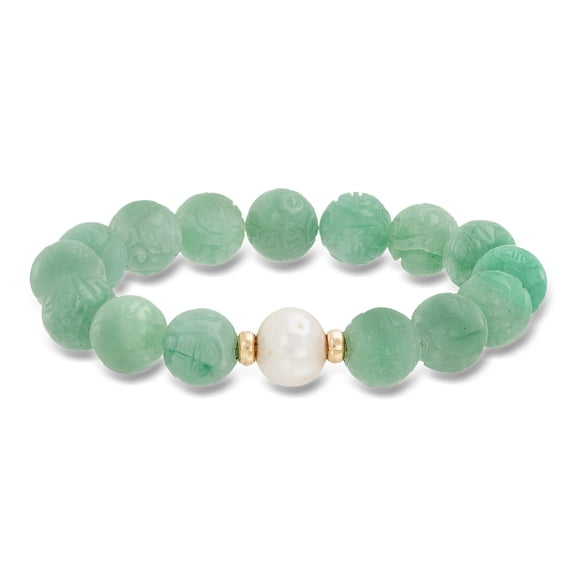 Ross-Simons 11-12mm Cultured Pearl and Carved Jade Chinese "Dragon" Beaded Stretch Bracelet With 14kt Yellow Gold, Women's, Adult