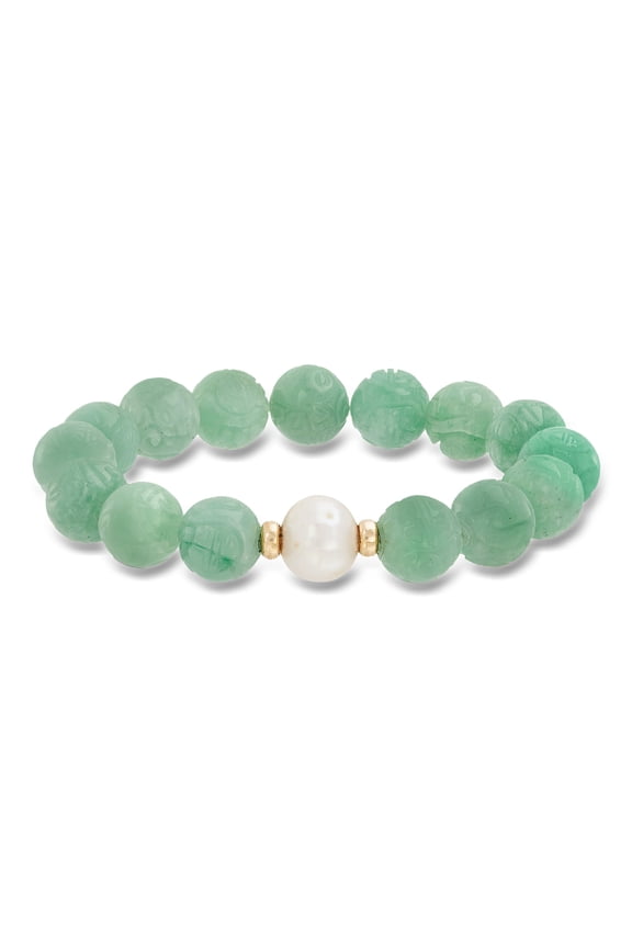 11-12mm Cultured Pearl and Carved Jade Chinese "Dragon" Beaded Stretch Bracelet With 14kt Yellow Gold, Women's, Adult