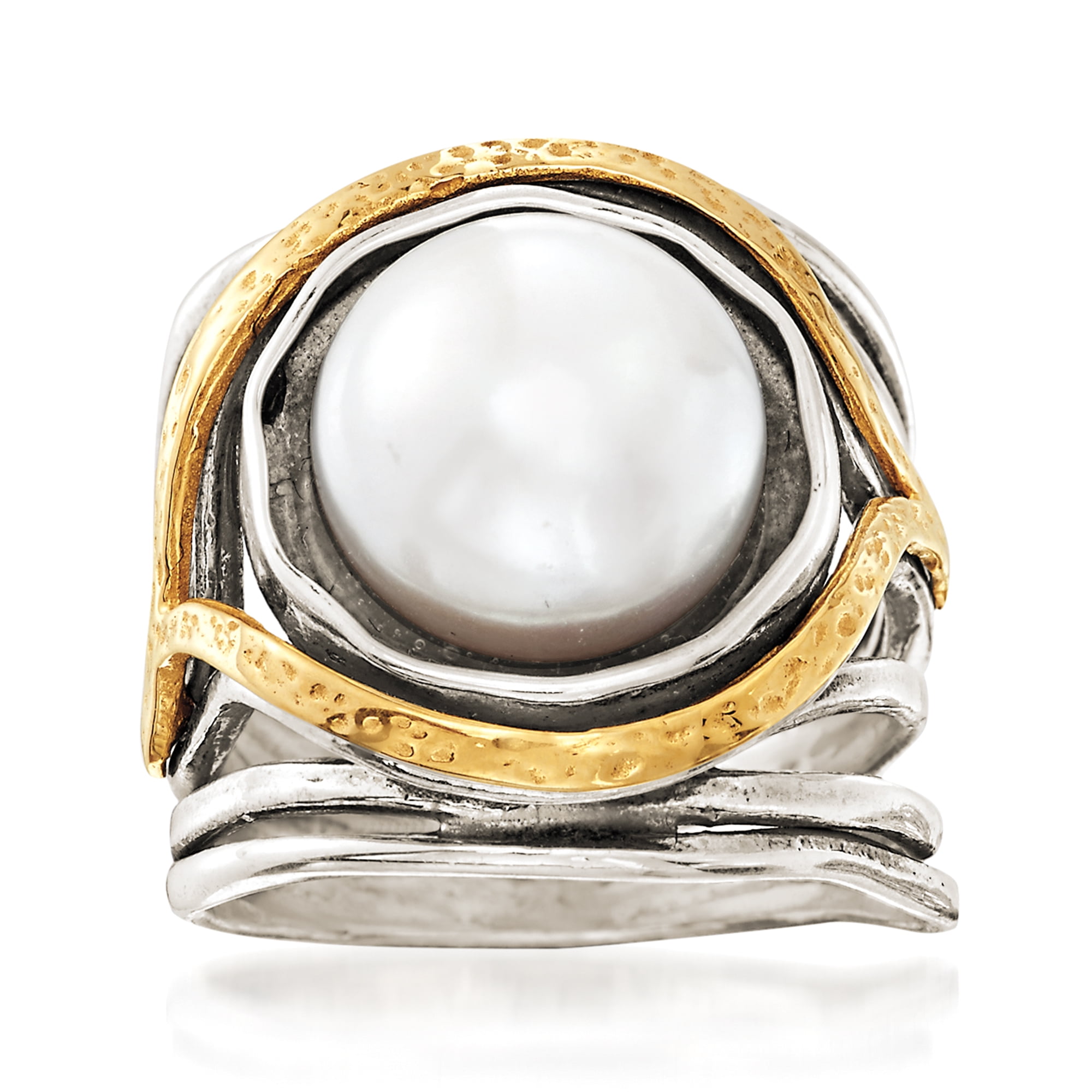 Ross-Simons 11.5-12mm Cultured Pearl Openwork Ring in Sterling Silver and  14kt Yellow Gold, Women's, Adult